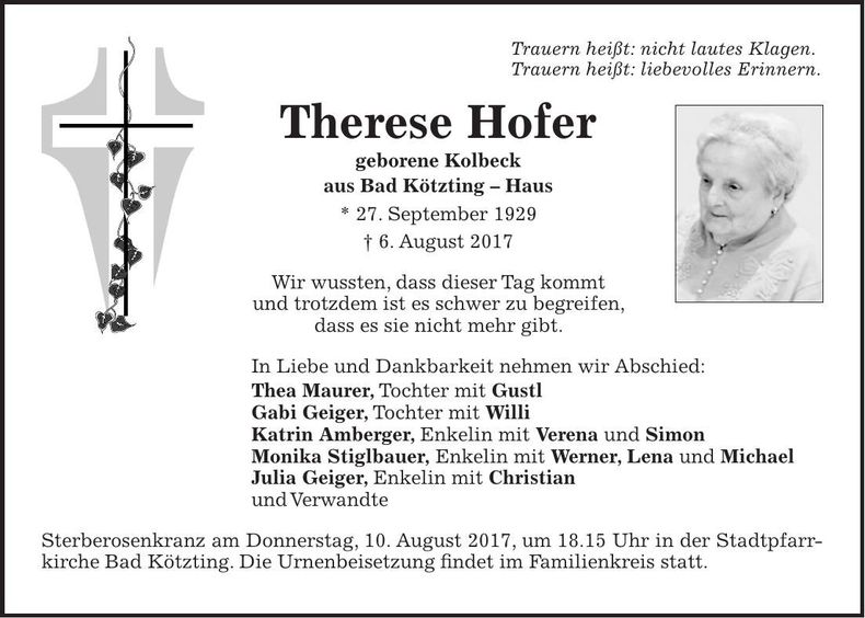Traueranzeige Therese Hofer