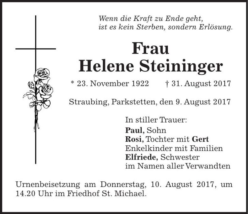 Traueranzeige Helene Steininger