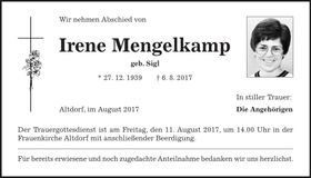 Traueranzeige Irene Mengelkamp