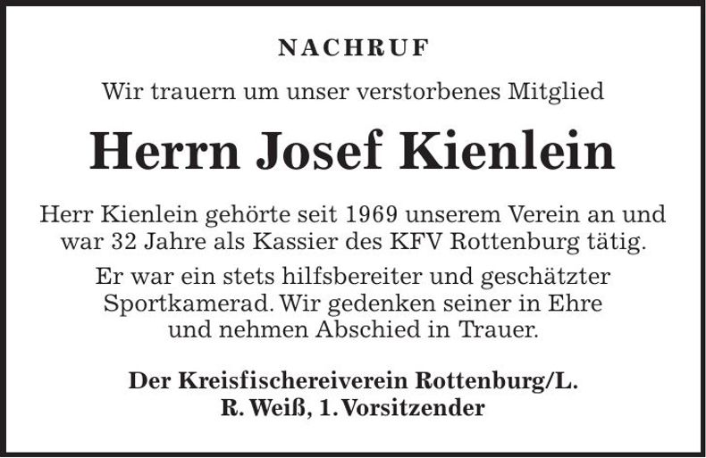 Traueranzeige Josef Kienlein