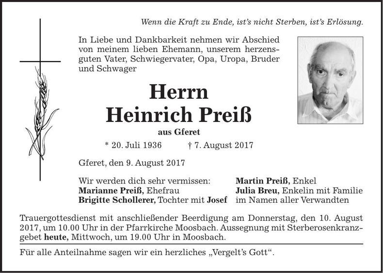 Traueranzeige Heinrich Preiß
