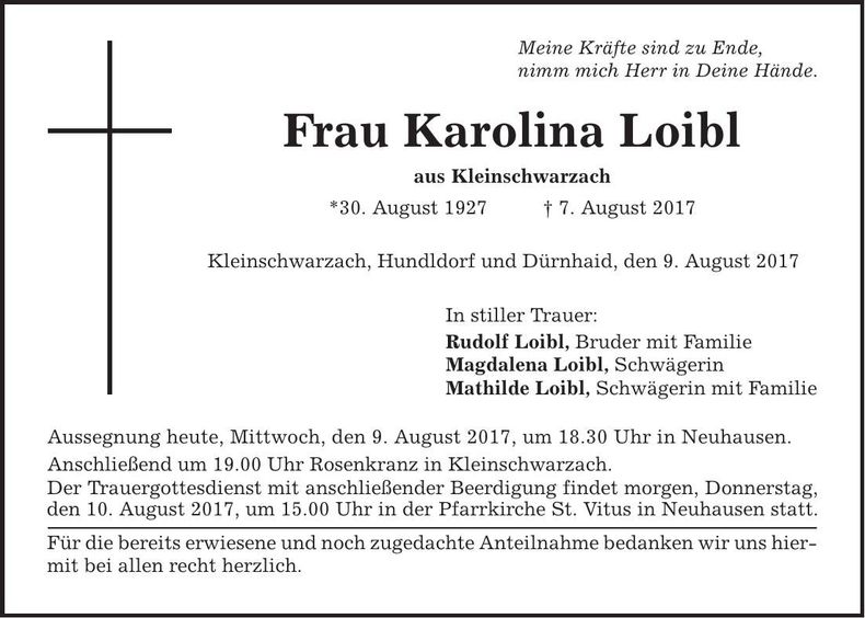Traueranzeige Karolina Loibl