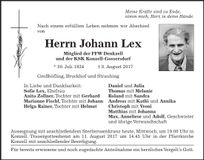 Traueranzeige Johann Lex
