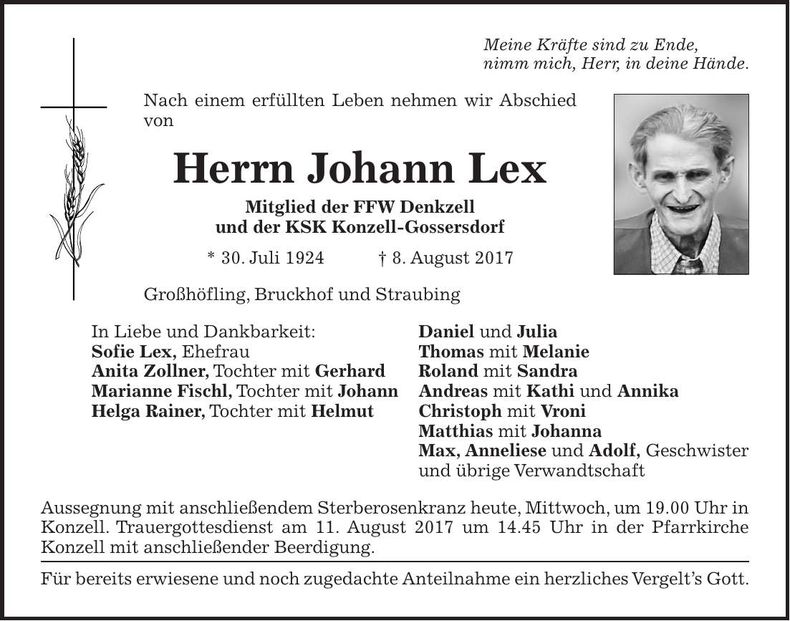 Traueranzeige Johann Lex