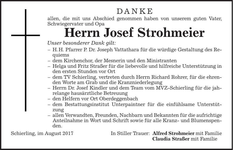 Traueranzeige Josef Strohmeier