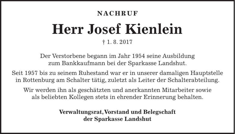 Traueranzeige Josef Kienlein
