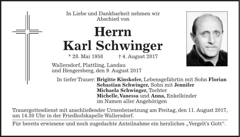 Traueranzeige Karl Schwinger