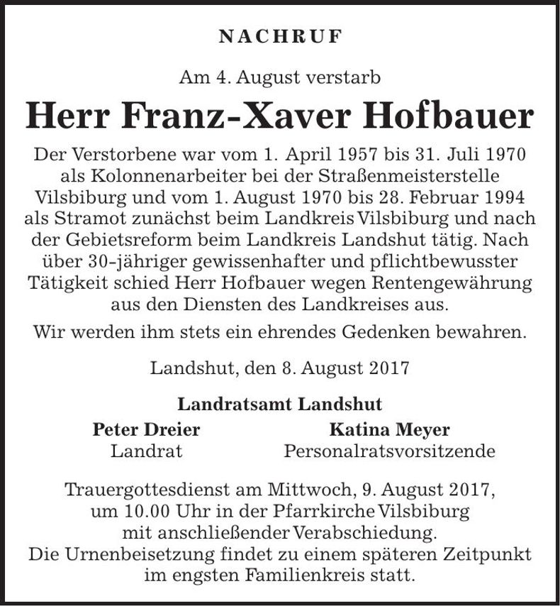 Traueranzeige Franz-Xaver Hofbauer