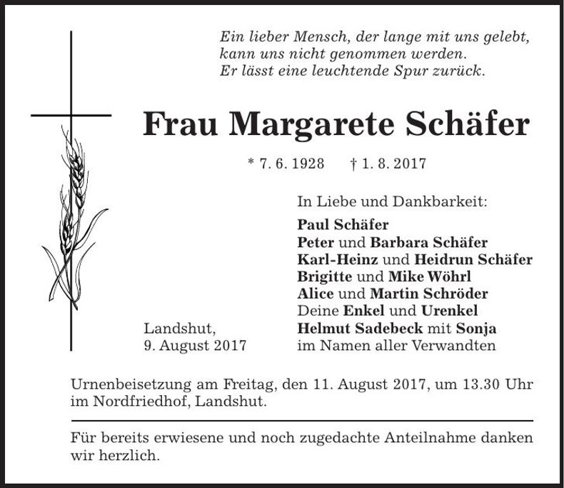 Traueranzeige Margarete Schäfer