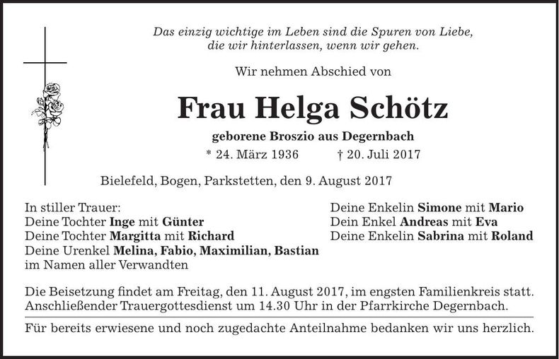 Traueranzeige Helga Schötz
