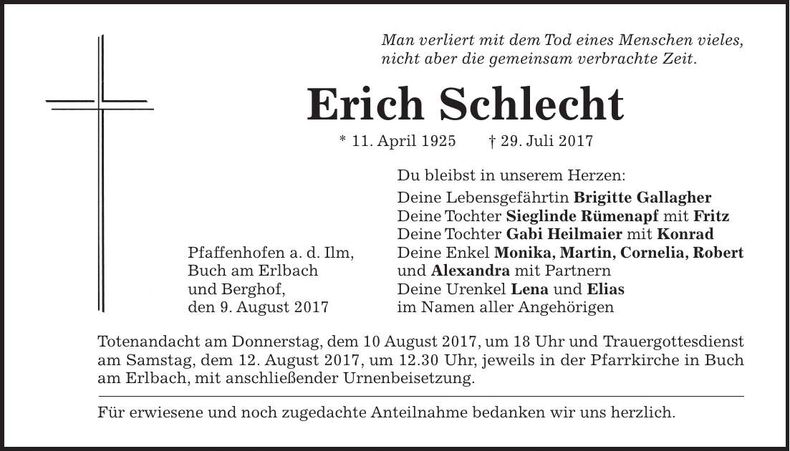 Traueranzeige Erich Schlecht