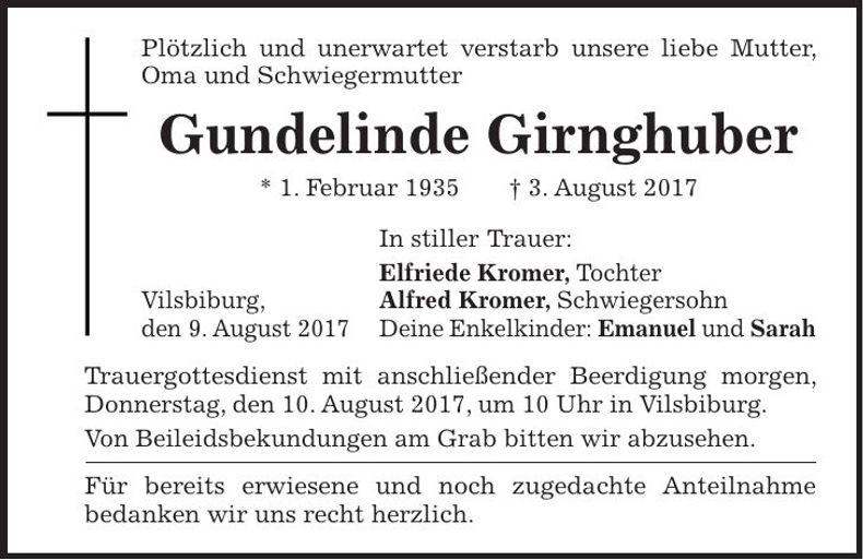 Traueranzeige Gundelinde Girnghuber