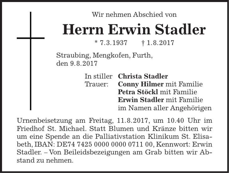 Traueranzeige Erwin Stadler