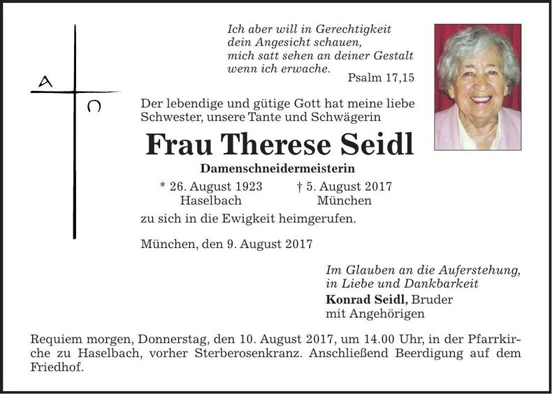 Traueranzeige Therese Seidl