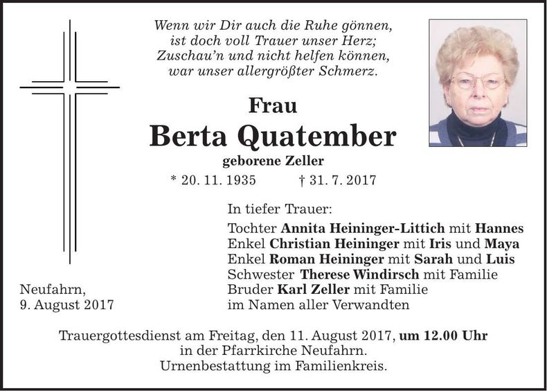 Traueranzeige Berta Quatember
