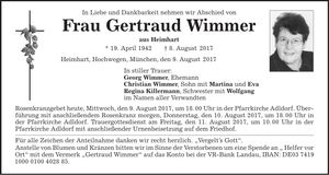 Traueranzeige Gertraud Wimmer