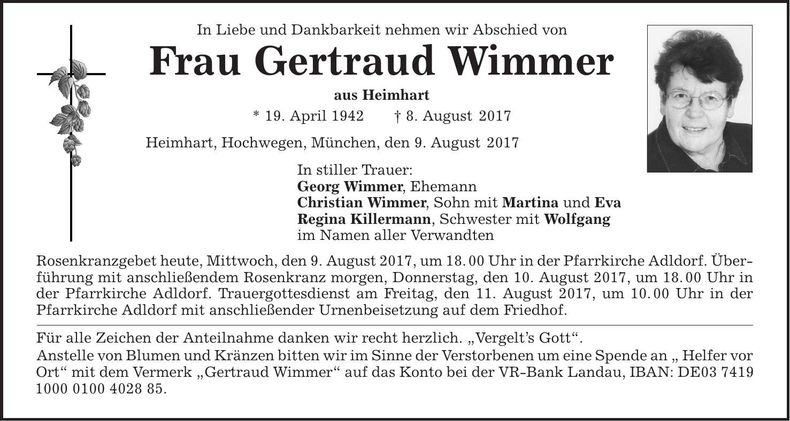 Traueranzeige Gertraud Wimmer