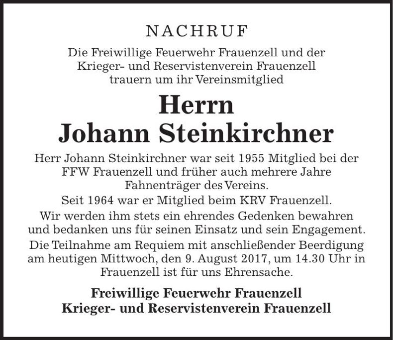Traueranzeige Johann Steinkirchner
