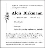 Traueranzeige Alois Birkmann