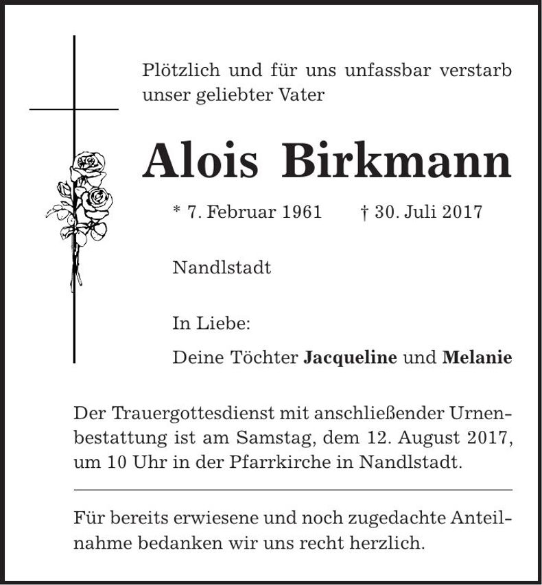 Traueranzeige Alois Birkmann