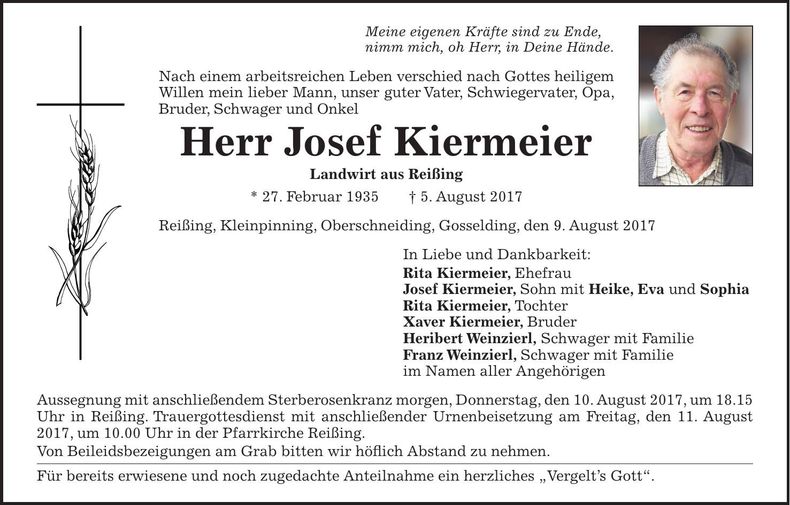 Traueranzeige Josef Kiermeier