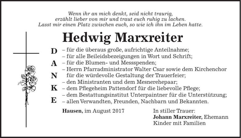 Traueranzeige Hedwig Marxreiter