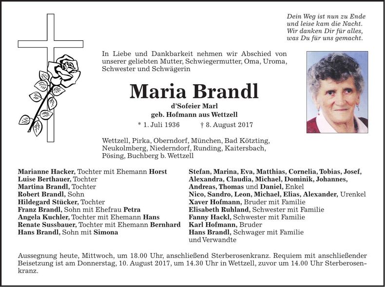 Traueranzeige Maria Brandl