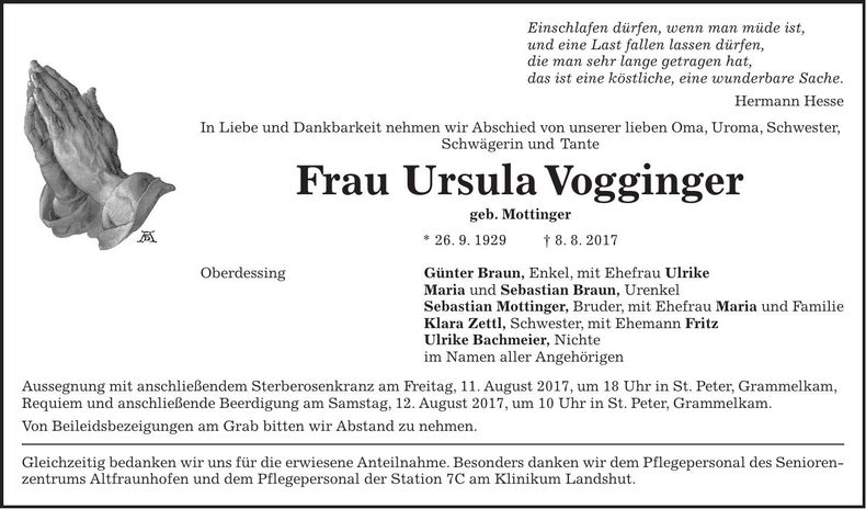 Traueranzeige Ursula Vogginger