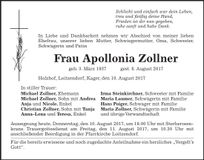 Traueranzeige Apollonia Zollner