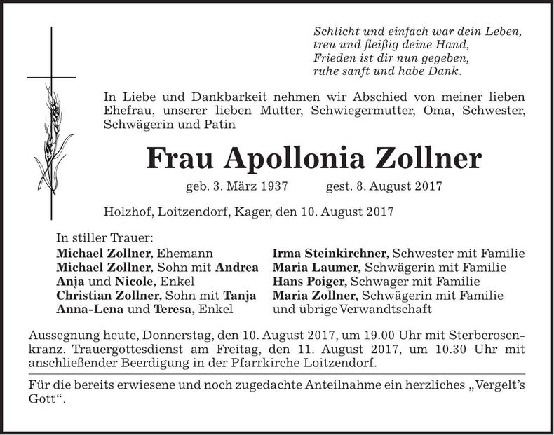 Traueranzeige Apollonia Zollner