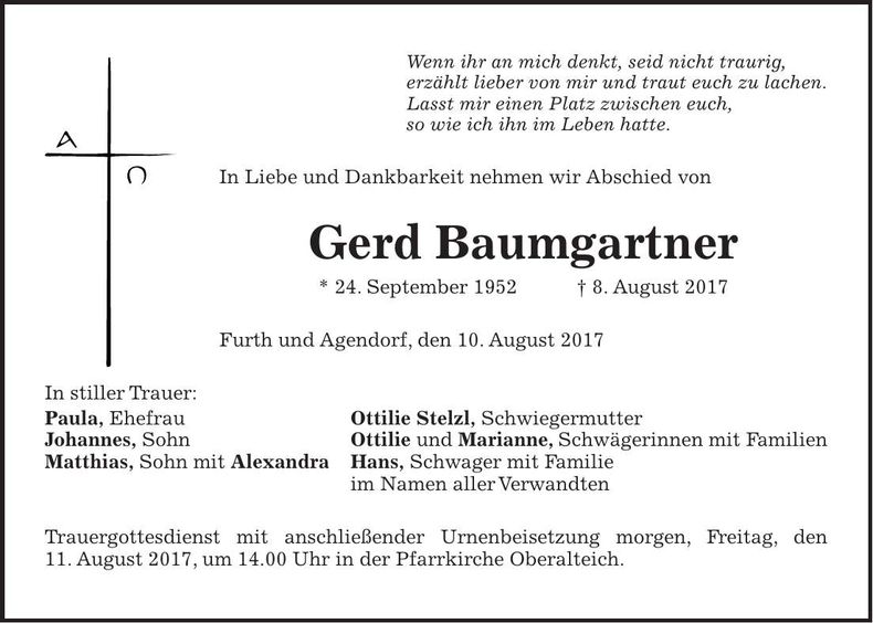 Traueranzeige Gerd Baumgartner