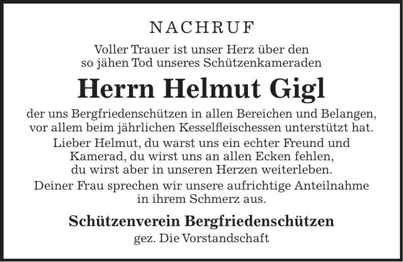 Traueranzeige Helmut Gigl