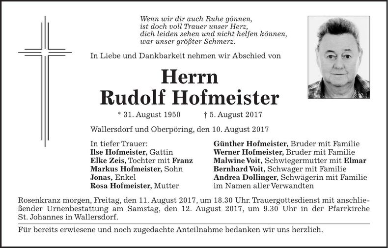 Traueranzeige Rudolf Hofmeister