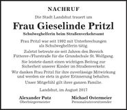Traueranzeige Gieselinde Pritzl