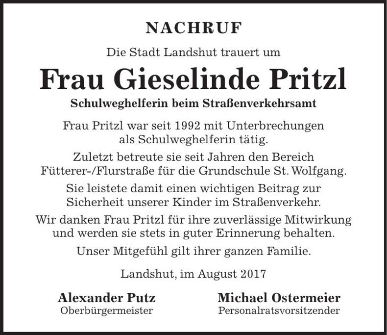 Traueranzeige Gieselinde Pritzl
