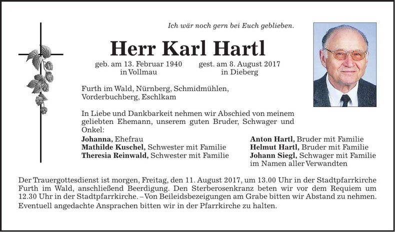 Traueranzeige Karl Hartl