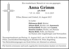 Traueranzeige Anna Grimm