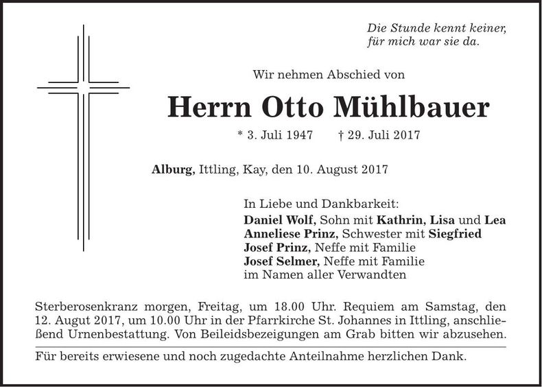 Traueranzeige Otto Mühlbauer