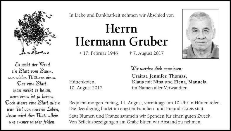 Traueranzeige Hermann Gruber