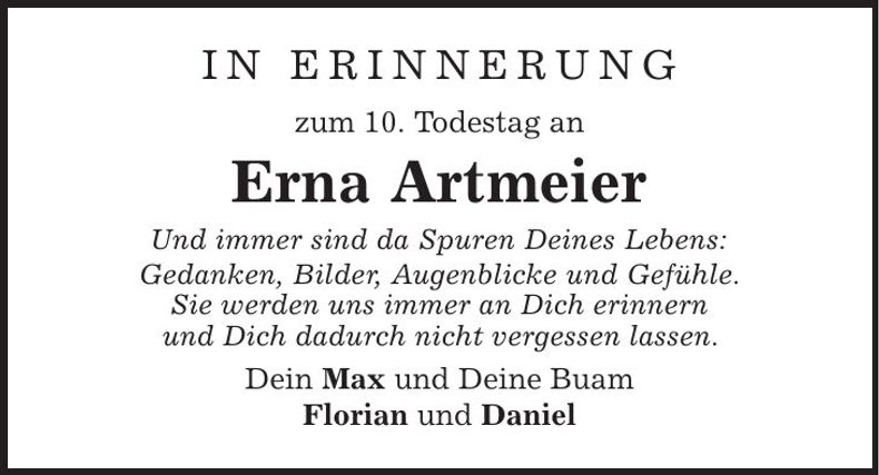 Traueranzeige Erna Artmeier