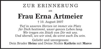 Traueranzeige Erna Artmeier