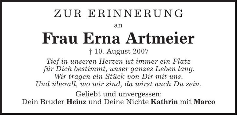 Traueranzeige Erna Artmeier