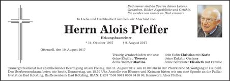 Traueranzeige Alois Pfeffer