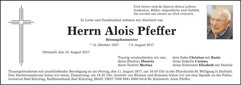 Traueranzeige Alois Pfeffer