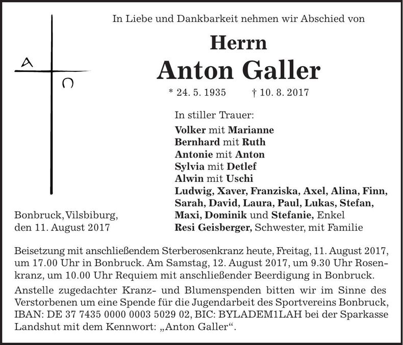 Traueranzeige Anton Galler