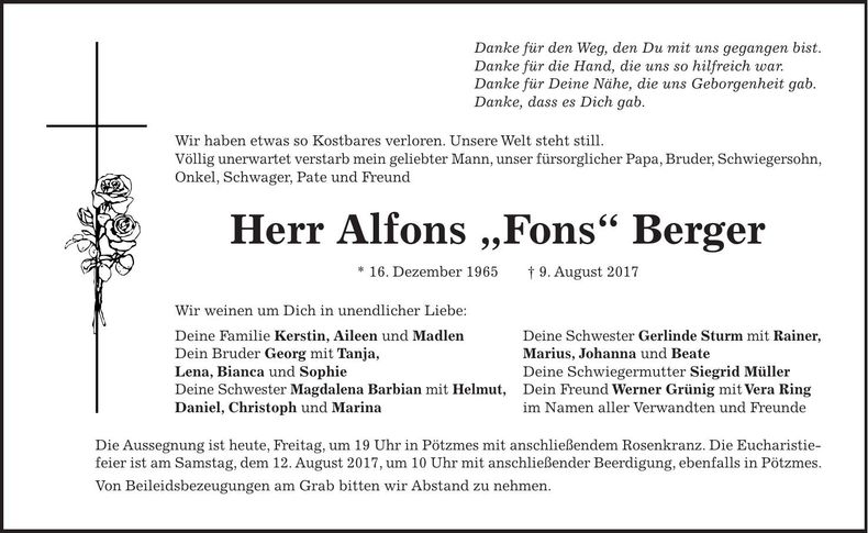Traueranzeige Alfons Berger