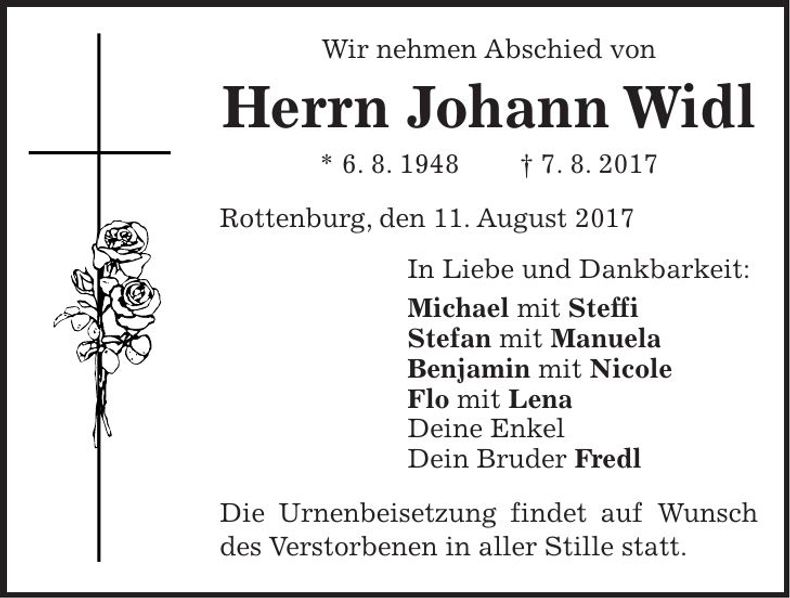 Traueranzeige Johann Widl