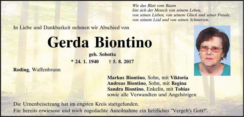 Traueranzeige Gerda Biontino