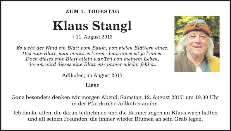 Traueranzeige Klaus Stangl