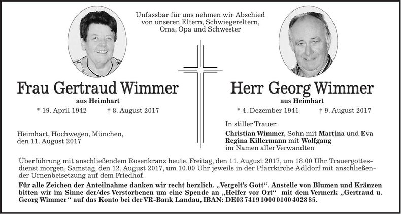 Traueranzeige Gertraud und Georg Wimmer